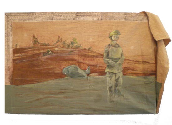 Fetus bailed out w/o a parachute / 2008 / 42 x 66 in / Oil on Indian Fabric Scraps