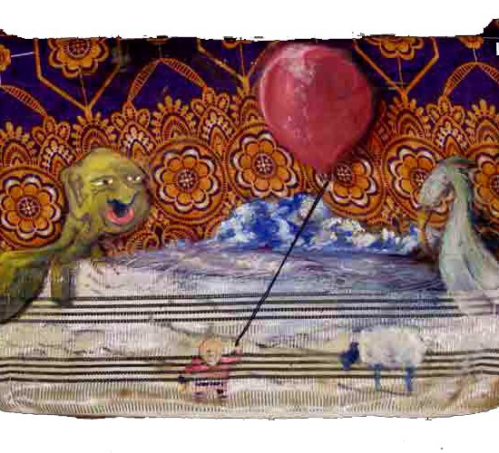 Another Damn red Ballon , / 2007 / 40 x 30 cm / Oil on Ghanaian Fabric Scrap